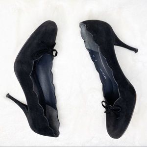 Stuart Weitzman Black Suede Scalloped Bow Pumps